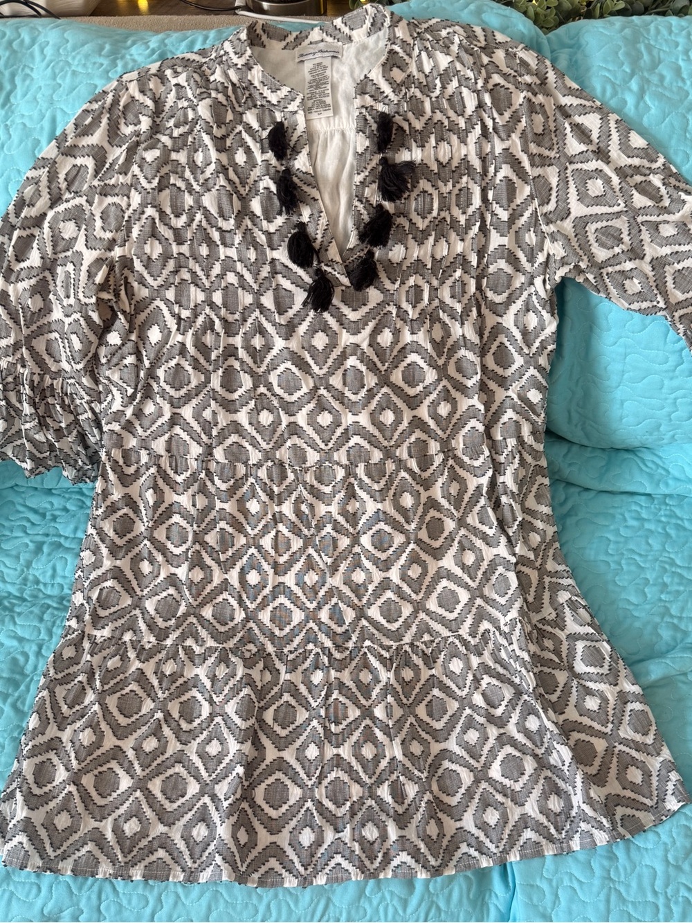 Tommy Bahama Gray and White Geometric Tassel Tunic
